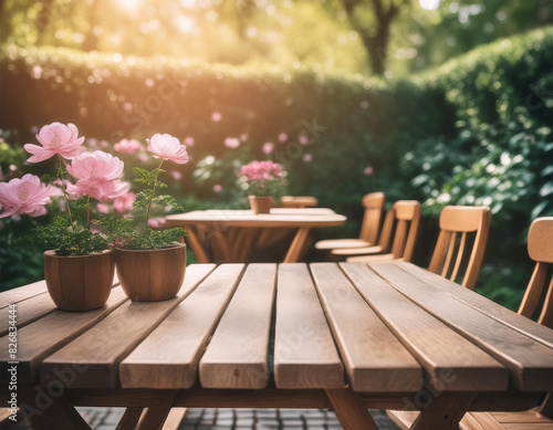 Garden atmosphere with wooden tables and flower