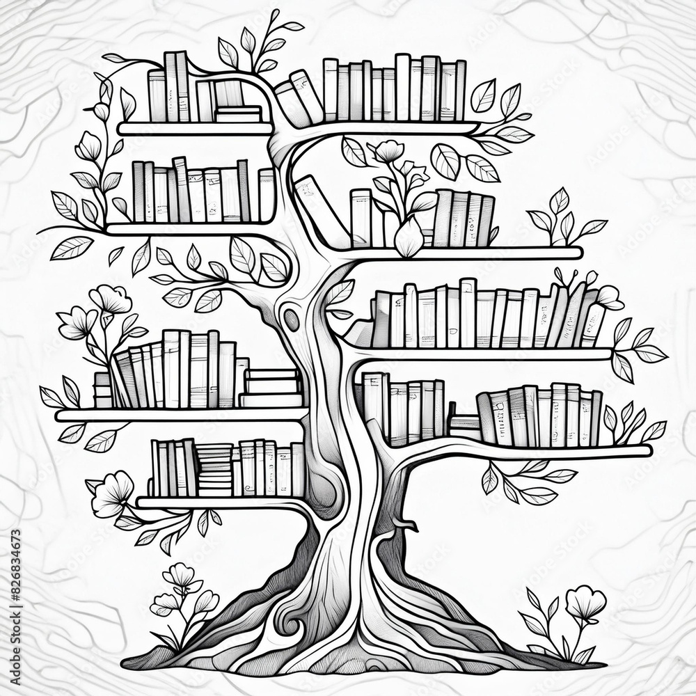 illustration of a whimsical flower tree book shelf illustration of a whimsical flower tree book shelf