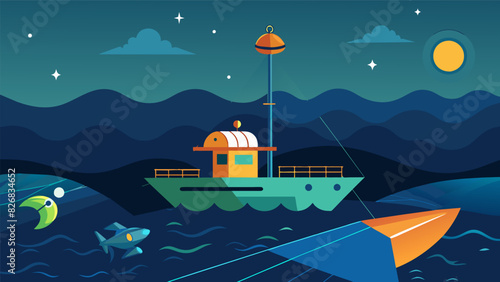 The ships sophisticated sonar equipment scanned the ocean floor searching for potential reserves and mapping out the best locations for exploration.. Vector illustration