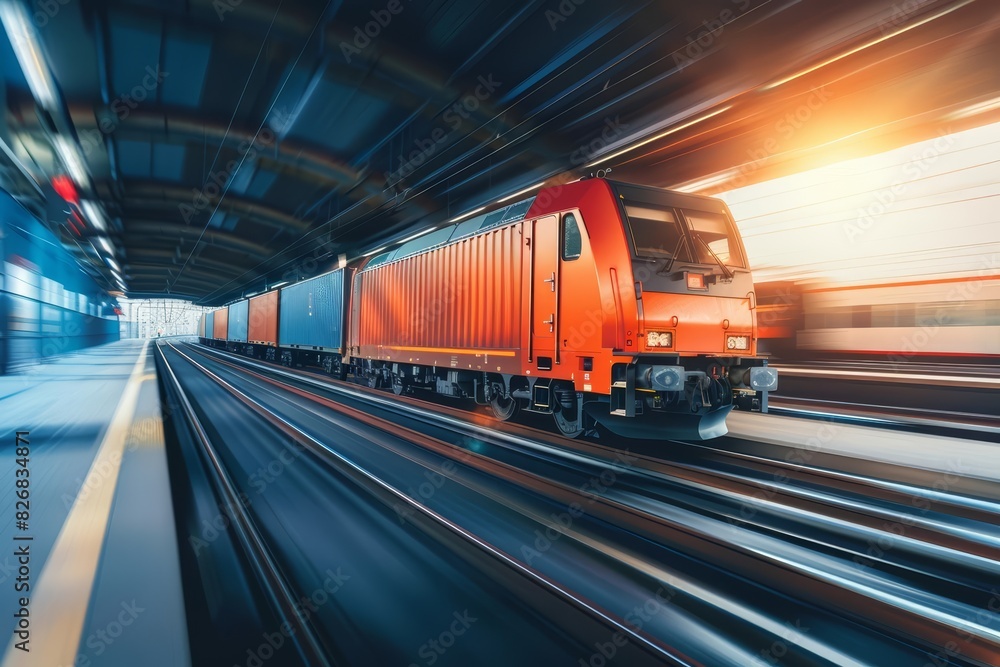 Fototapeta premium A sleek freight train moves swiftly through an urban terminal