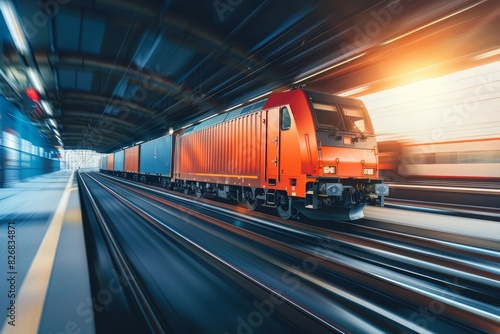 A sleek freight train moves swiftly through an urban terminal