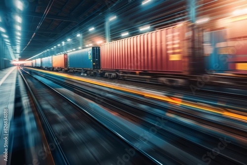 A sleek freight train moves swiftly through an urban terminal