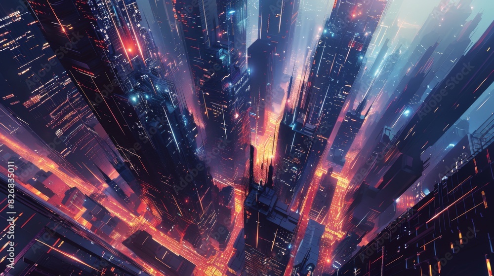 Obraz premium Glowing Metropolis: Futuristic Abstract Cityscape with Sharp Lines and Vibrant Lights
