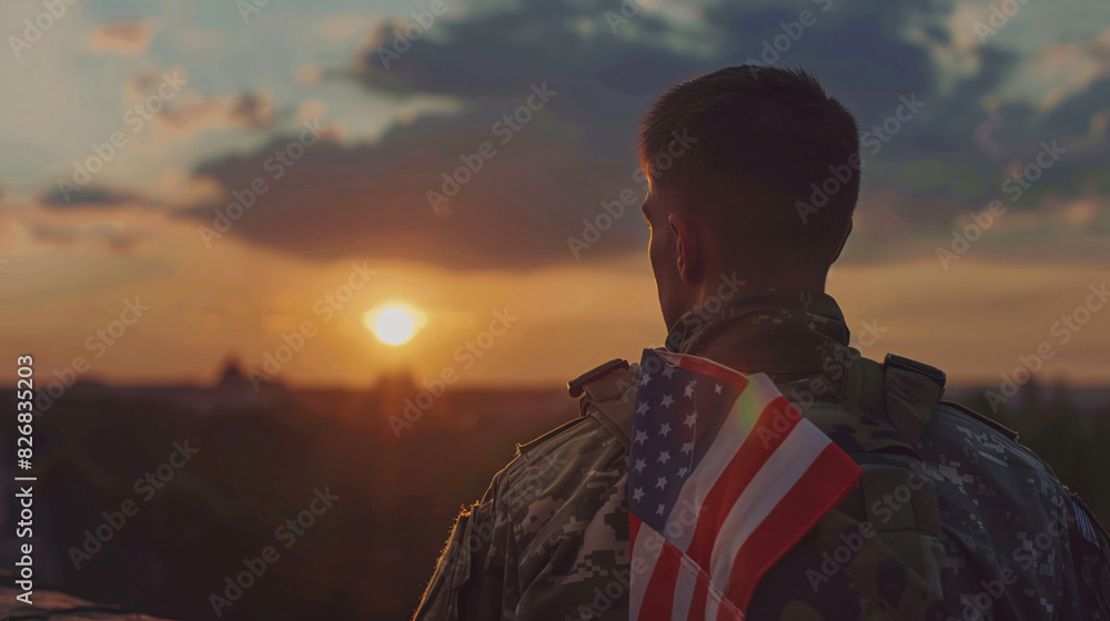 American soldier with usa flag on his back looks into the distance. United States Army. Veterans Day