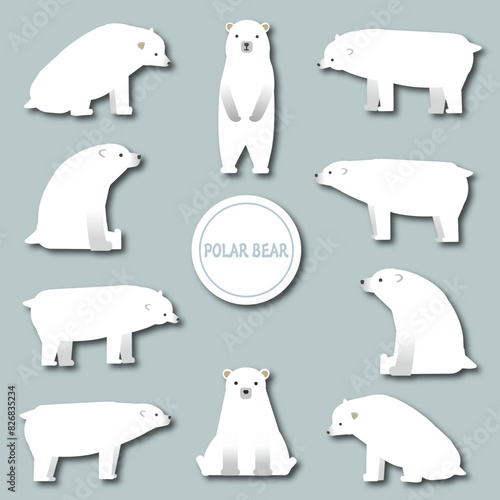 グレー背景のいろんなポーズのシロクマのイラストセット影付き