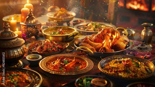 Assorted Indian dishes served in a traditional setting with a warm sunset ambiance, perfect for culinary themes and restaurant promotions. realistic hyperrealistic 