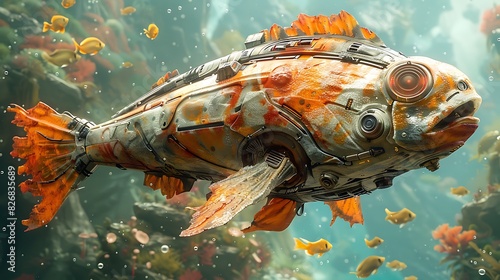 fishlike alien with advanced bioengineering on a water planet with floating kelp forests and massive sea creatures photo