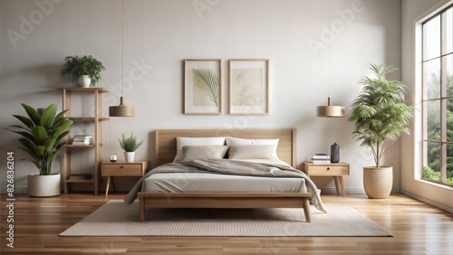 Minimal Style   Wooden home bedroom interior with bed and nightstand with decor. Mock up frame