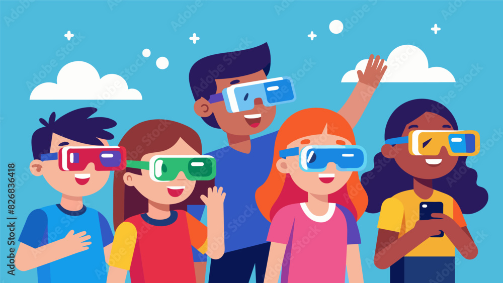 Fototapeta premium A group of students showcasing their colorful smart glasses using them to take pictures and videos together during a class field trip.. Vector illustration