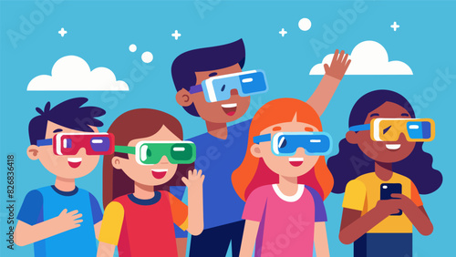 A group of students showcasing their colorful smart glasses using them to take pictures and videos together during a class field trip.. Vector illustration