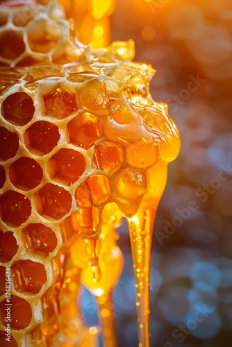 Close-up of honeycomb dripping with golden honey, captured in natural light, highlighting the texture and vibrant color.