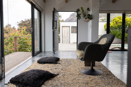 At home, two black chairs with white cushions facing open doors photo