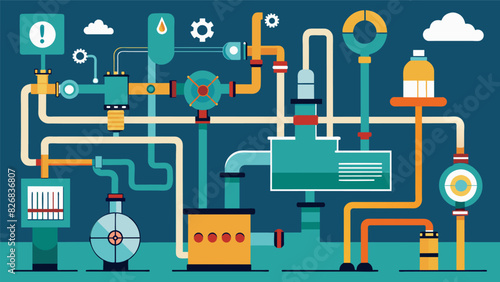 An intricate network of pipes and valves used to transport the raw materials and final product throughout the manufacturing facility.. Vector illustration