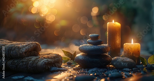 Tranquil spa haven  flickering candles  delicate orchids  smooth grey stones placed on towels  all set against a backdrop of blurred bokeh lights  inviting peace and tranquility.