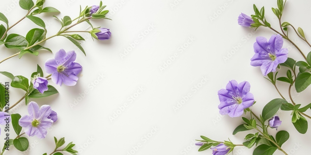 Fototapeta premium Delicate purple flowers bordering a blank canvas