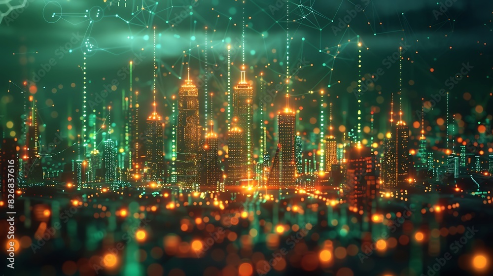 A cityscape made of interconnected lines and dots, with a world map in the background and graphs moving upwards A cityscape made of interconnected lines and dots, with a world map in the background and graphs moving upwards