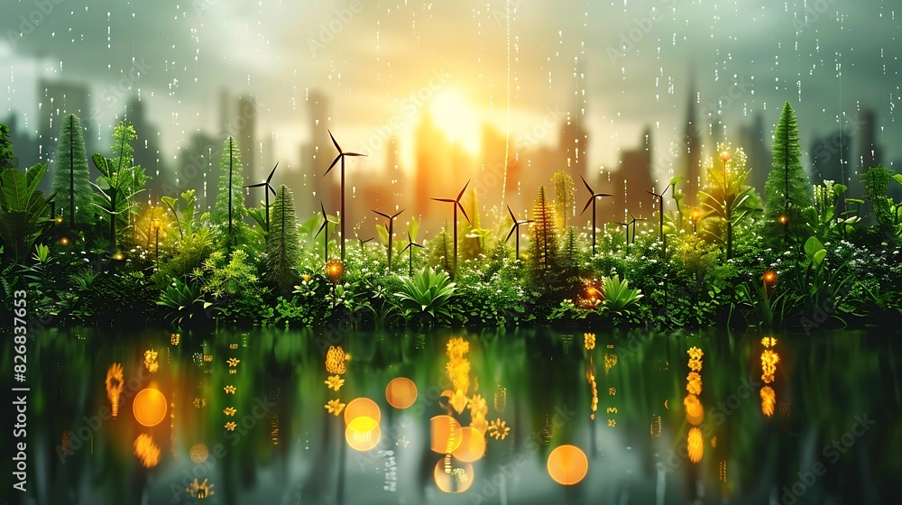 A cityscape is shown with icons of renewable energy sources such as the sun, wind, and water. 