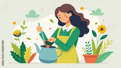 A woman enthusiastically stirring a pot of herbal tea while surrounded by an array of freshly picked herbs.. Vector illustration
