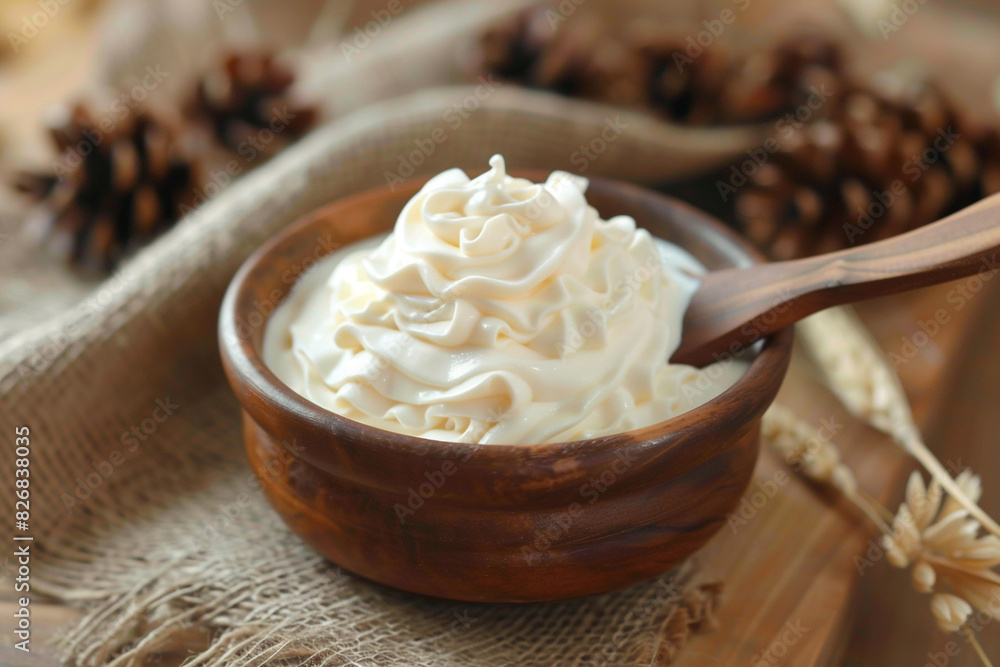 A bowl of Greek yogurt on a wooden table in a top view A bowl of Greek yogurt on a wooden table in a top view