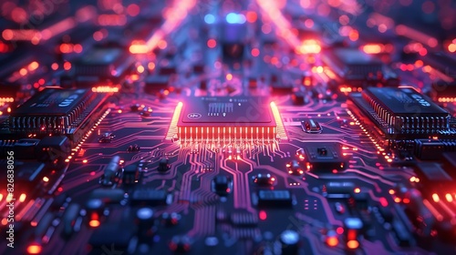 A circuit board with a central square chip  all lit up with blue and purple lights. 