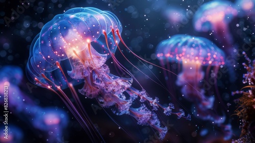 Mesmerizing image of glowing jellyfish in the deep ocean  showcasing their translucent beauty and otherworldly colors.