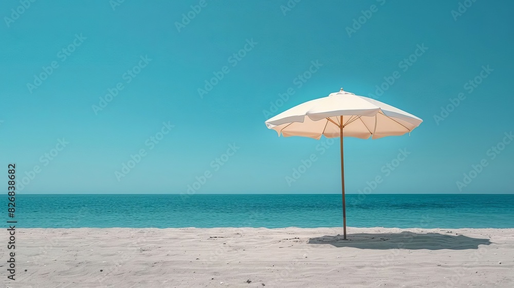 Serene beach scene with a lone white beach umbrella under a clear blue sky, perfect for relaxation and vacation vibes. Serene beach scene with a lone white beach umbrella under a clear blue sky, perfect for relaxation and vacation vibes.