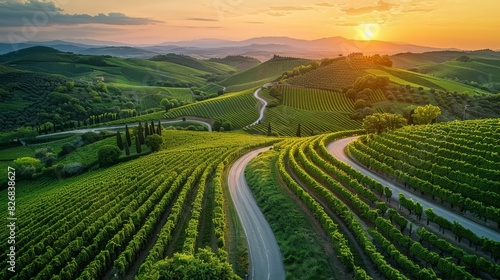 Scenic sunset view over rolling hills and vineyards with a winding road in the countryside  showcasing nature s serene beauty.