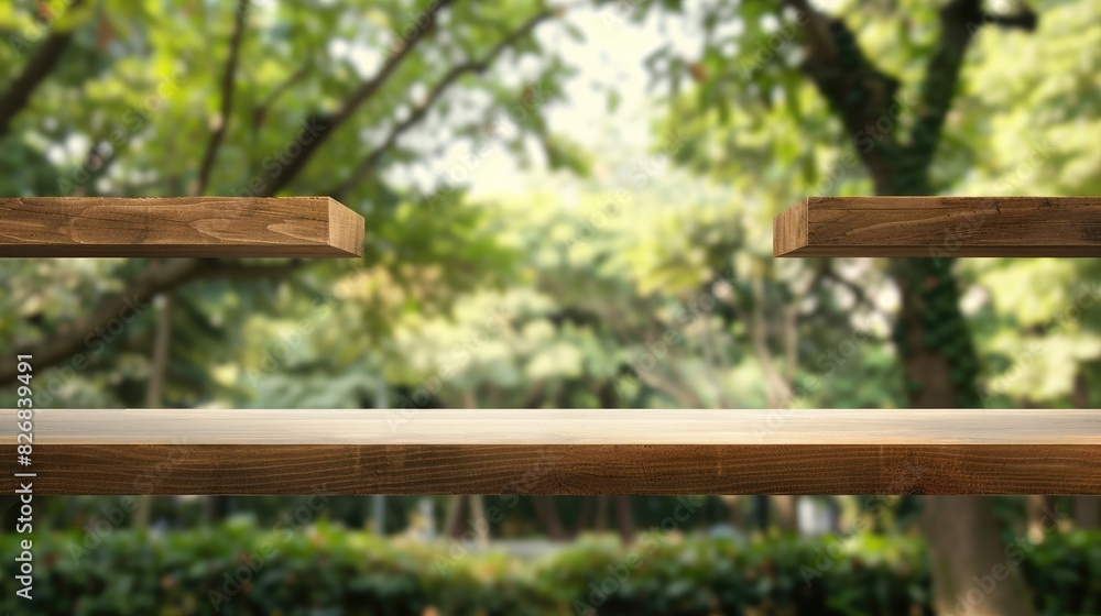 Wooden shelves in a coffee shop with empty surfaces against a background of blurred trees suitable for product display montage
