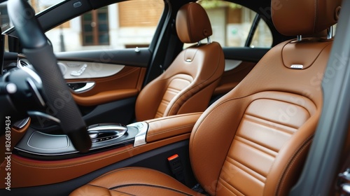 Luxury Car Interior, Elegant tan leather seats and sleek dashboard, Premium Vehicle Design © PUTTER-ART