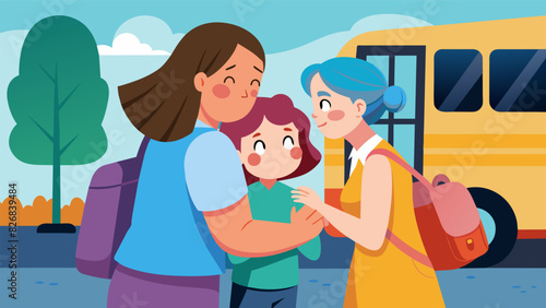 A teenage girl hugging her tearful parents goodbye as she boards the bus ready for her first mission trip.. Vector illustration