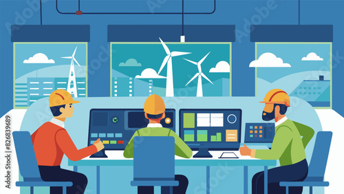 Inside the control room a team of highly skilled operators carefully monitors the turbines generators and water levels to maximize energy production.. Vector illustration