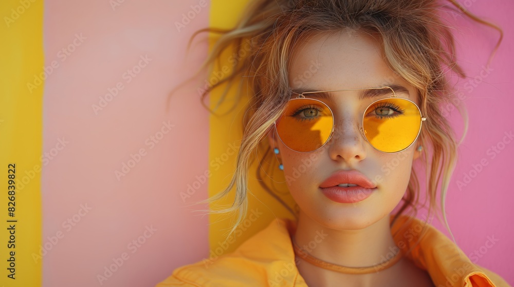 Gen-z handsome caucasian fashionable female, wearing neon stylish clothes, retro style in the style of vaporwave fashion with copy space. Art concept. Gen-z handsome caucasian fashionable female, wearing neon stylish clothes, retro style in the style of vaporwave fashion with copy space. Art concept.