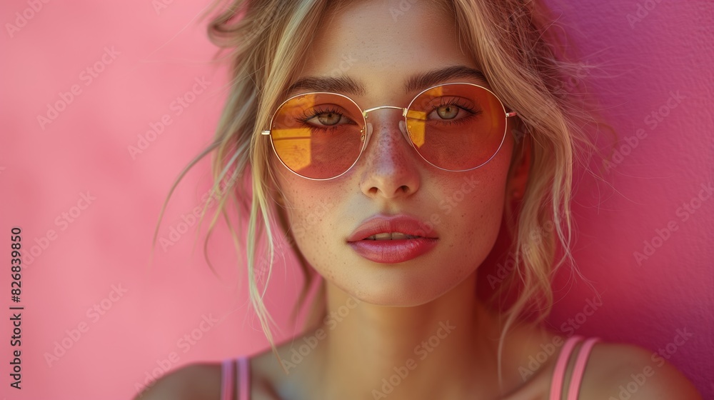 Gen-z handsome caucasian fashionable female, wearing neon stylish clothes, retro style in the style of vaporwave fashion with copy space. Art concept. Gen-z handsome caucasian fashionable female, wearing neon stylish clothes, retro style in the style of vaporwave fashion with copy space. Art concept.