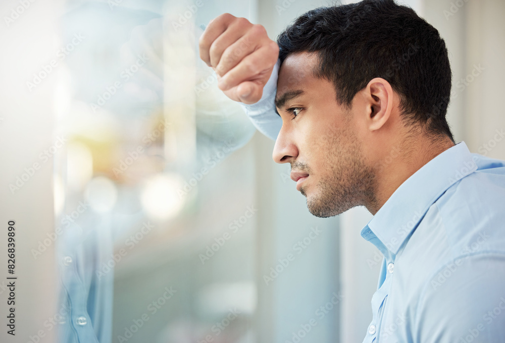 Business man, window and sad in office with reflection, thinking and choice for career, fail or mistake. Person, glass and ideas with depression, burnout and anxiety for decision at insurance agency Business man, window and sad in office with reflection, thinking and choice for career, fail or mistake. Person, glass and ideas with depression, burnout and anxiety for decision at insurance agency