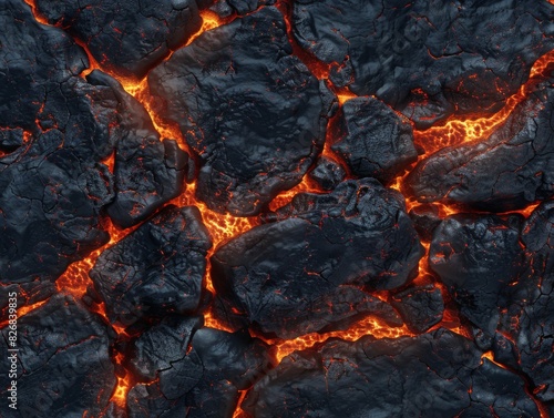 Detailed view of a jagged lava rock specimen showcasing an intense  glowing red fissure. Geologically active concept