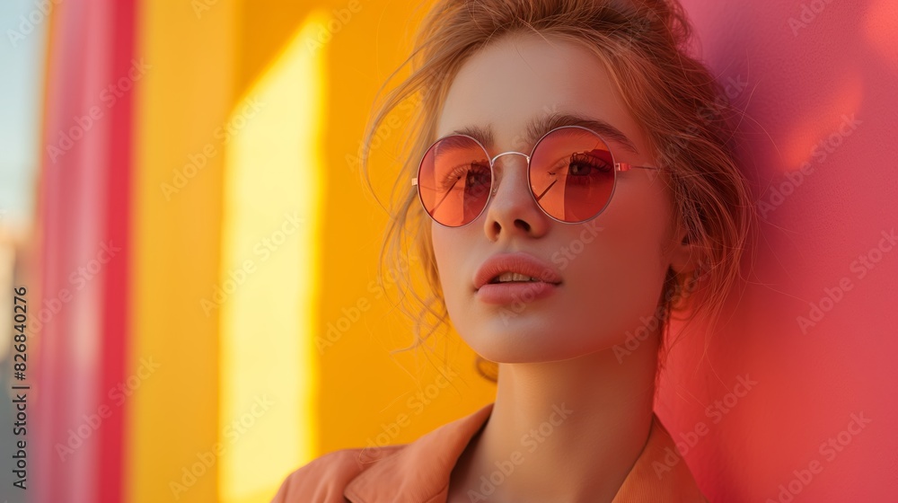 Gen-z handsome caucasian fashionable female, wearing neon stylish clothes, retro style in the style of vaporwave fashion with copy space. Art concept. Gen-z handsome caucasian fashionable female, wearing neon stylish clothes, retro style in the style of vaporwave fashion with copy space. Art concept.