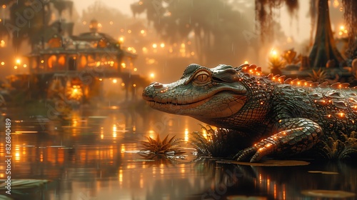 reptilian alien with advanced bioorganic technology on a lush swampy planet with floating islands photo