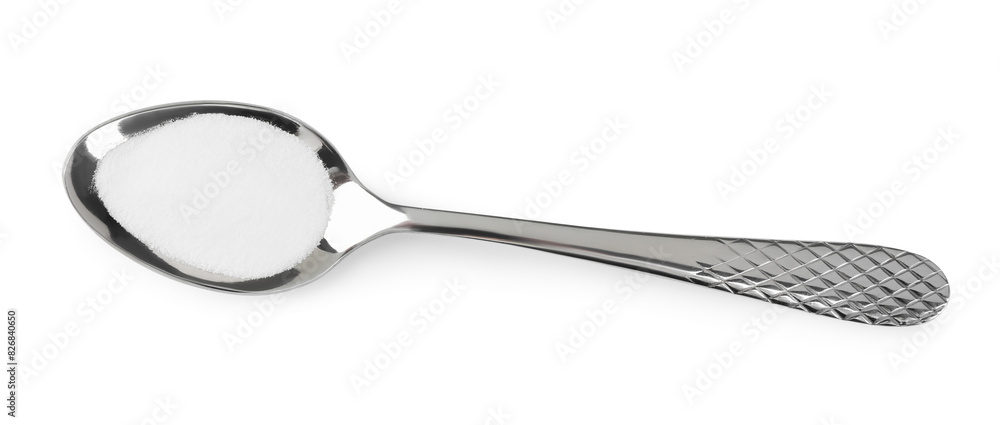 Baking soda in spoon isolated on white, top view Baking soda in spoon isolated on white, top view
