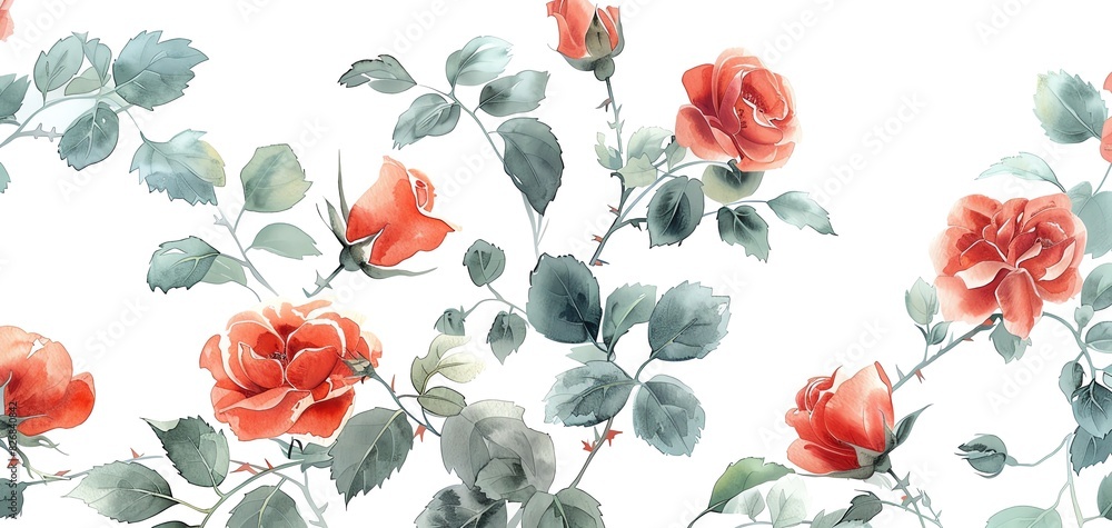 Tiny watercolor roses in shades of red and pink, with delicate leaves and stems Tiny watercolor roses in shades of red and pink, with delicate leaves and stems