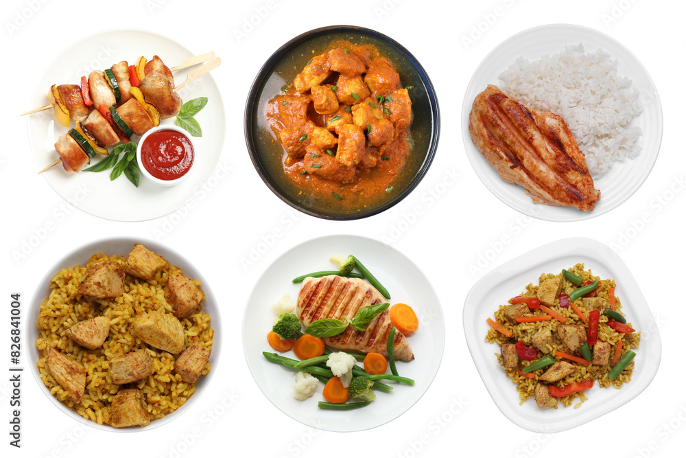 Set of different delicious chicken dishes isolated on white, top view Set of different delicious chicken dishes isolated on white, top view