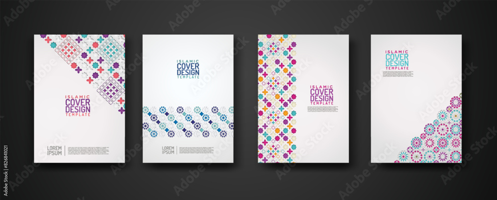 Set islamic cover design template with colorful detail and texture of floral mosaic islamic art ornament.