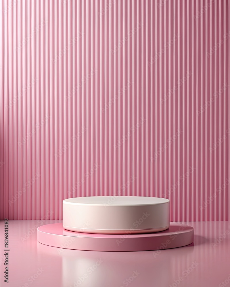 Minimalist pink podium against a striped backdrop. Minimalist pink podium against a striped backdrop.