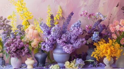 Decorative floral arrangements in shades of lilac and yellow