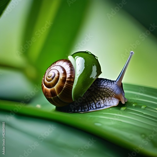 Close up of a snail on a green leaf with raindrops2 photo