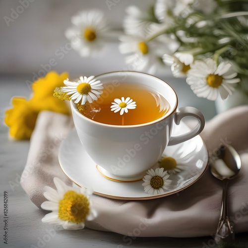 Cup of chamomile tea with fresh flowers and a honey dipper1