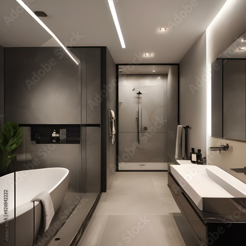 Modern bathroom with a walk-in shower and stylish decor3