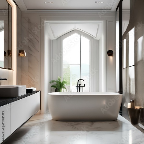 Modern bathroom with a freestanding bathtub and marble tiles3