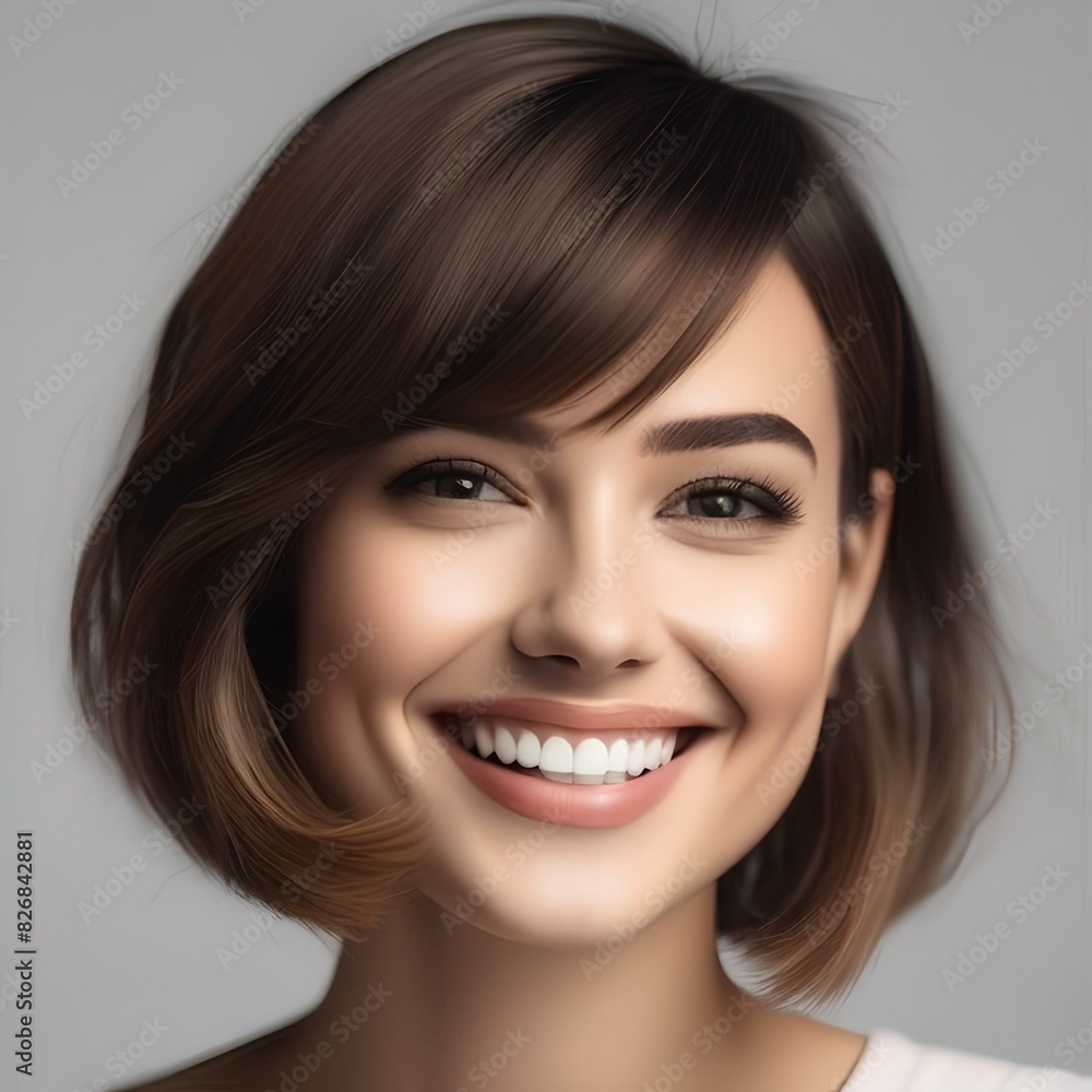 Portrait of a smiling young woman with a short bob haircut, in a studio5 Portrait of a smiling young woman with a short bob haircut, in a studio5
