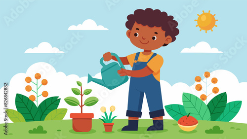 A young child holding a tiny watering can eagerly helping to bless the plants in the community garden.. Vector illustration