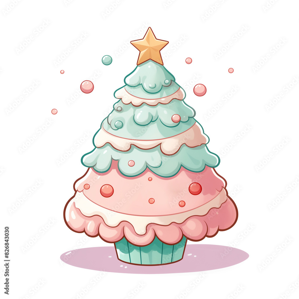 A cartoon picture of a pine tree with a cute on Christmas season, can be used as decoration for design purposes A cartoon picture of a pine tree with a cute on Christmas season, can be used as decoration for design purposes